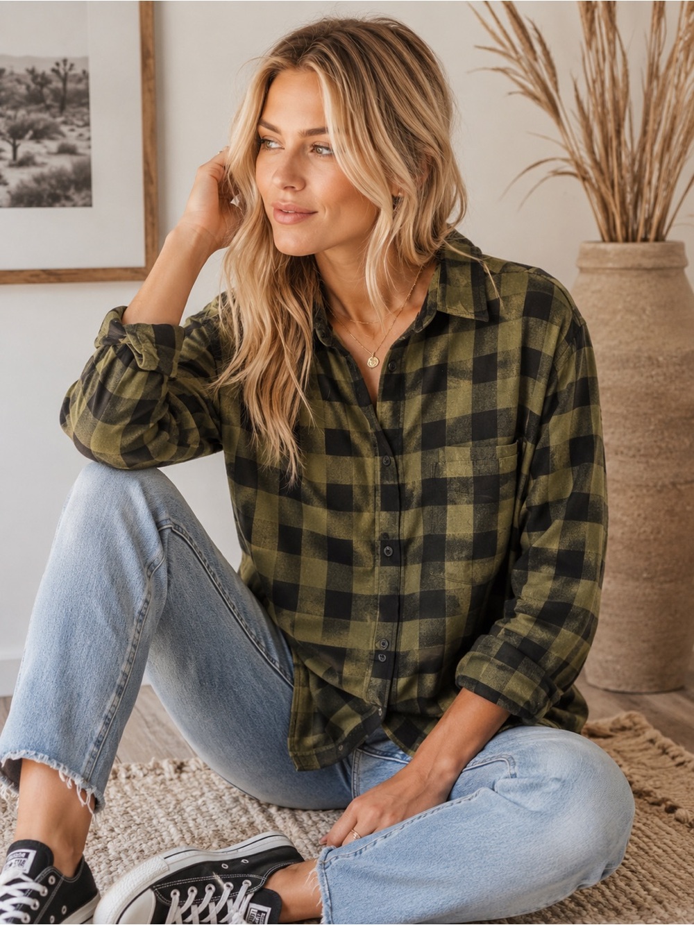 H&M Buffalo Plaid Flannel Shirt Olive Green & Black  Long Sleeve Size S